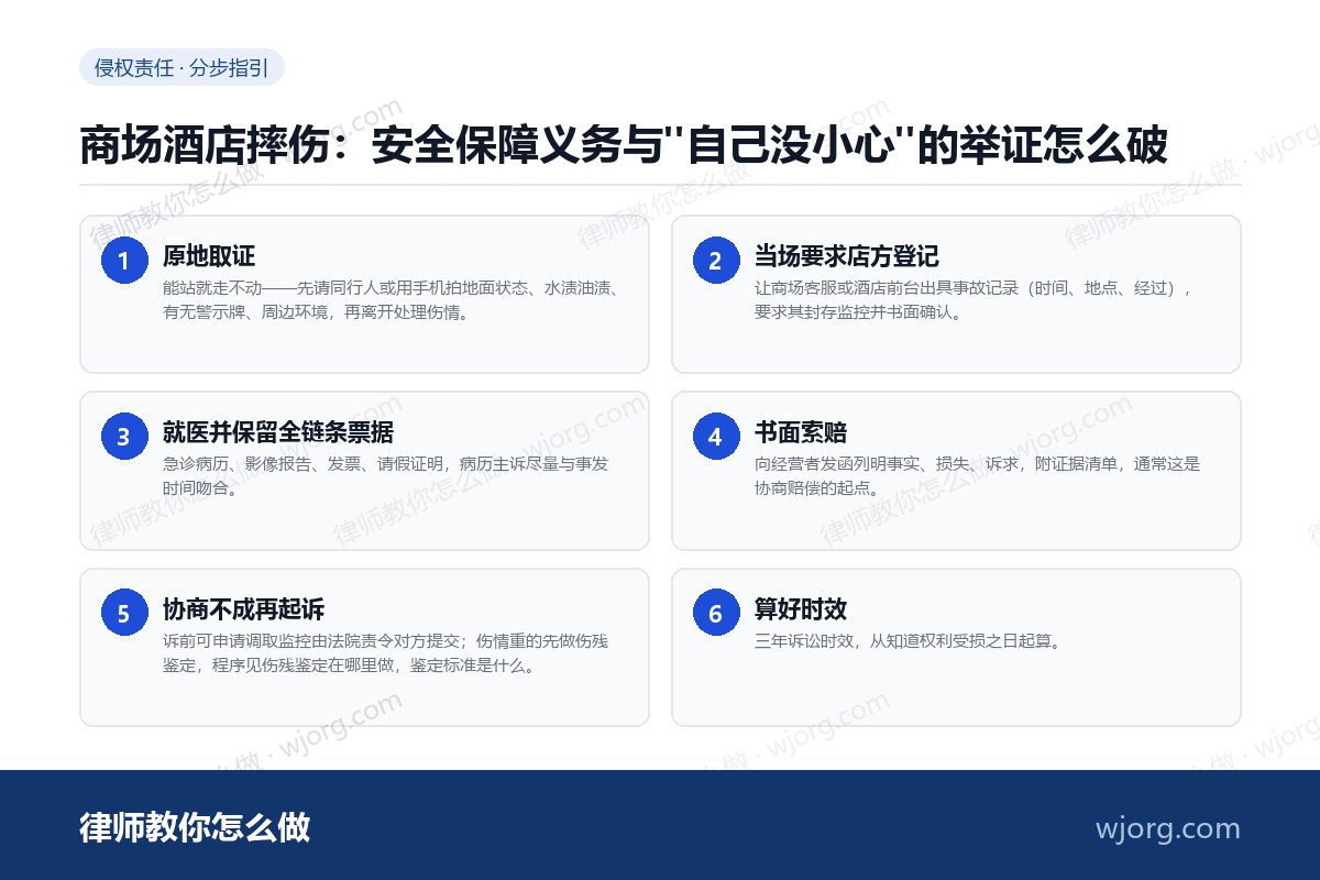 商场酒店摔伤:安全保障义务与"自己没小心"的举证怎么破 商场酒店摔伤:安全保障义务与"自:6 步办理流程示意图