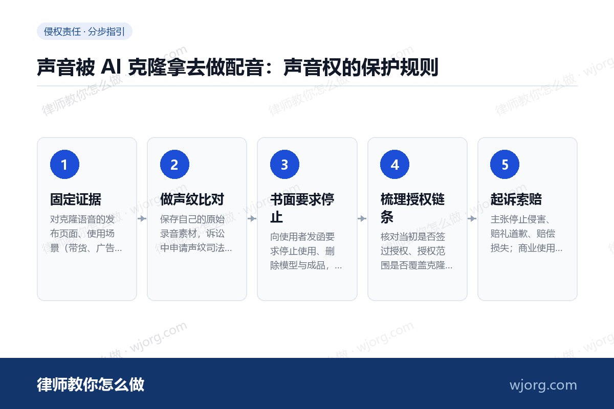 声音被 AI 克隆拿去做配音:声音权的保护规则 声音被 AI 克隆拿去做配音:声:5 步办理流程示意图
