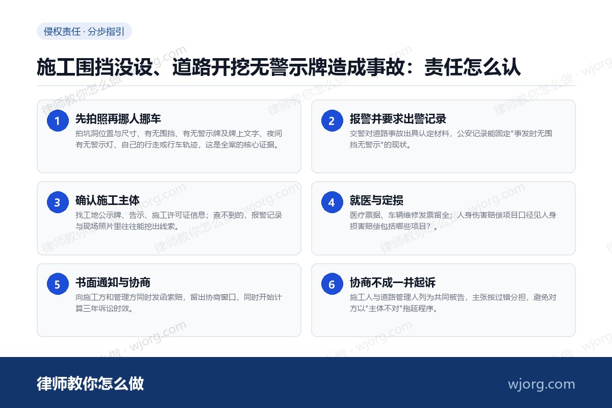 施工围挡没设、道路开挖无警示牌造成事故:责任怎么认 施工围挡没设、道路开挖无警示牌造:6 步办理流程示意图