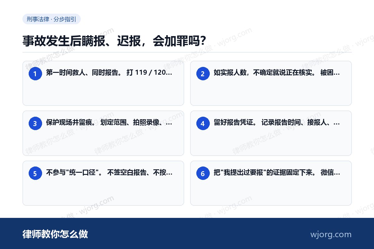 事故发生后瞒报、迟报,会加罪吗? 事故发生后瞒报、迟报,会加罪吗:6 步办理流程示意图