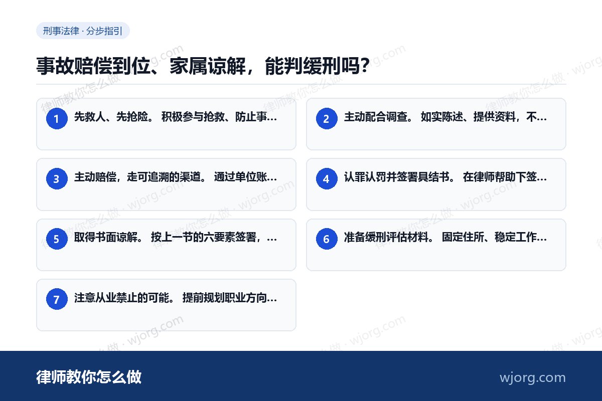 事故赔偿到位、家属谅解,能判缓刑吗? 事故赔偿到位、家属谅解,能判缓刑:7 步办理流程示意图