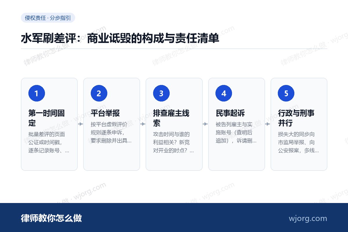 水军刷差评:商业诋毁的构成与责任清单 水军刷差评:商业诋毁的构成与责任:5 步办理流程示意图