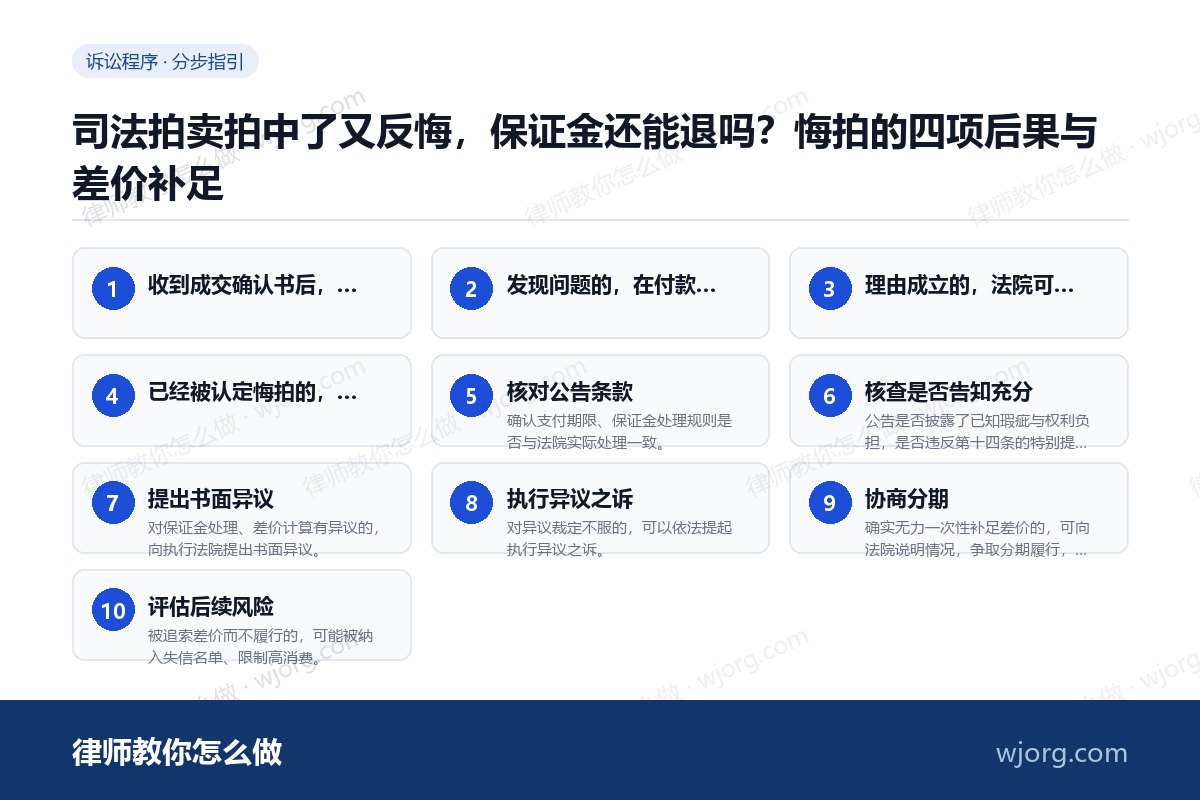司法拍卖拍中了又反悔,保证金还能退吗?悔拍的四项后果与差价补足 司法拍卖拍中了又反悔,保证金还能:10 步办理流程示意图
