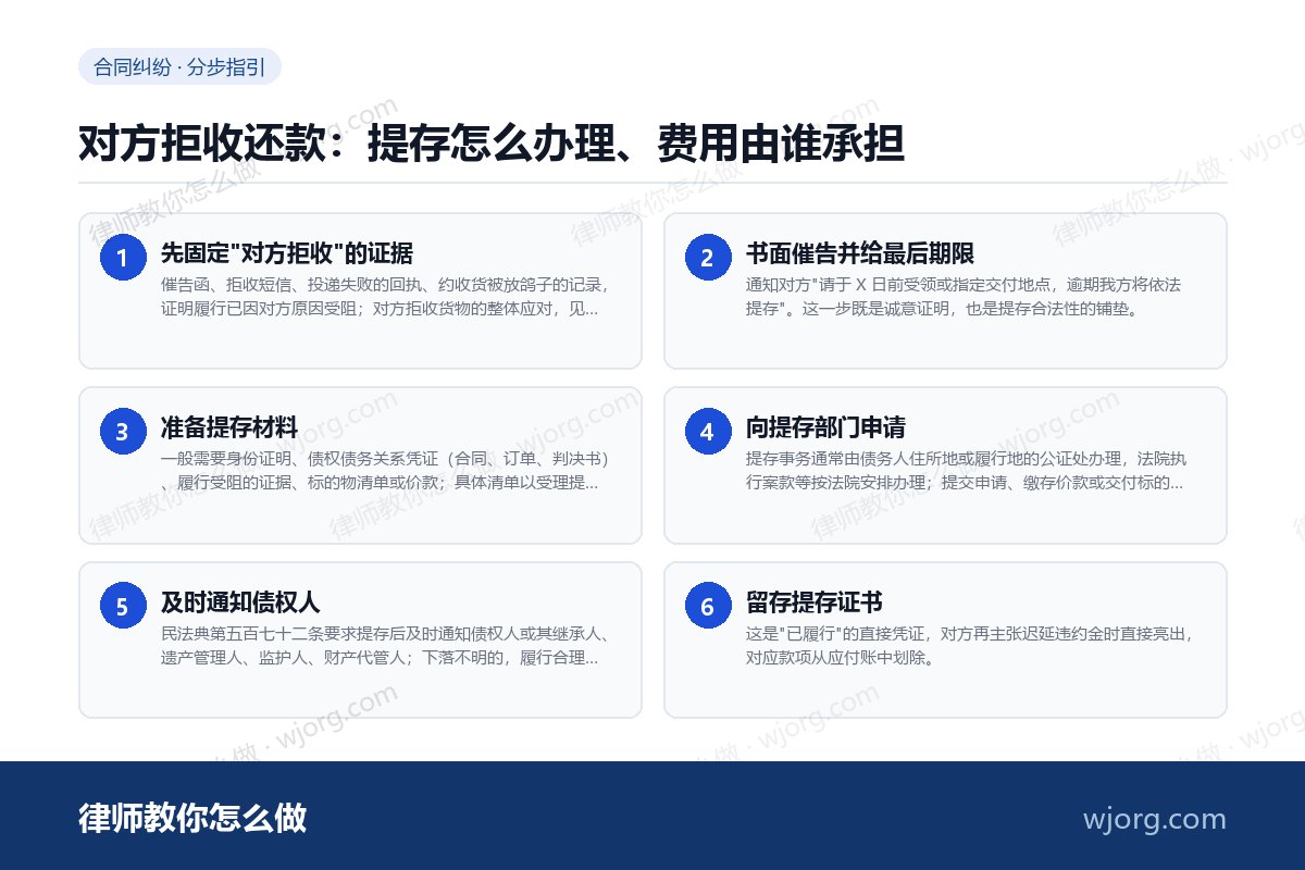 对方拒收还款：提存怎么办理、费用：6 步办理流程示意图