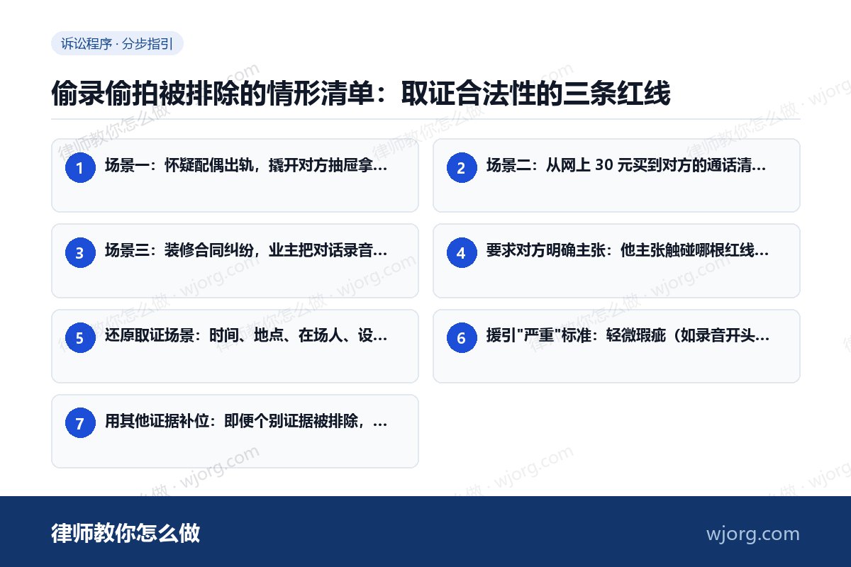 偷录偷拍被排除的情形清单:取证合法性的三条红线 偷录偷拍被排除的情形清单:取证合:7 步办理流程示意图