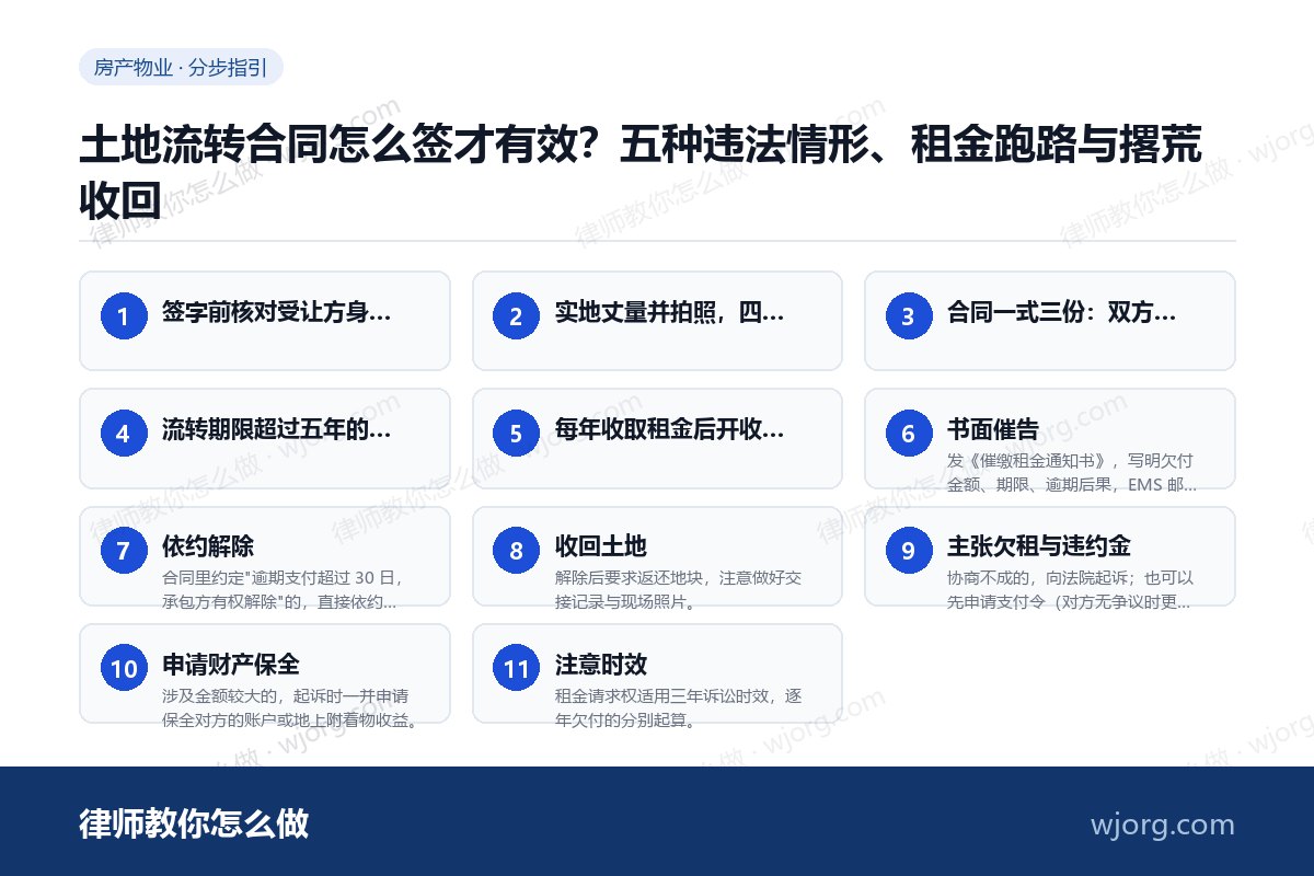土地流转合同怎么签才有效?五种违法情形、租金跑路与撂荒收回 土地流转合同怎么签才有效:11 步办理流程示意图