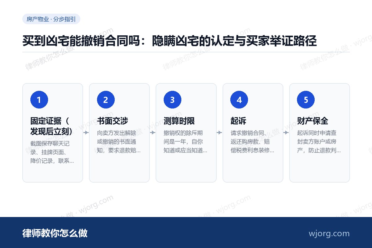 买到凶宅能撤销合同吗:隐瞒凶宅的认定与买家举证路径 买到凶宅能撤销合同吗:隐瞒凶宅的:5 步办理流程示意图