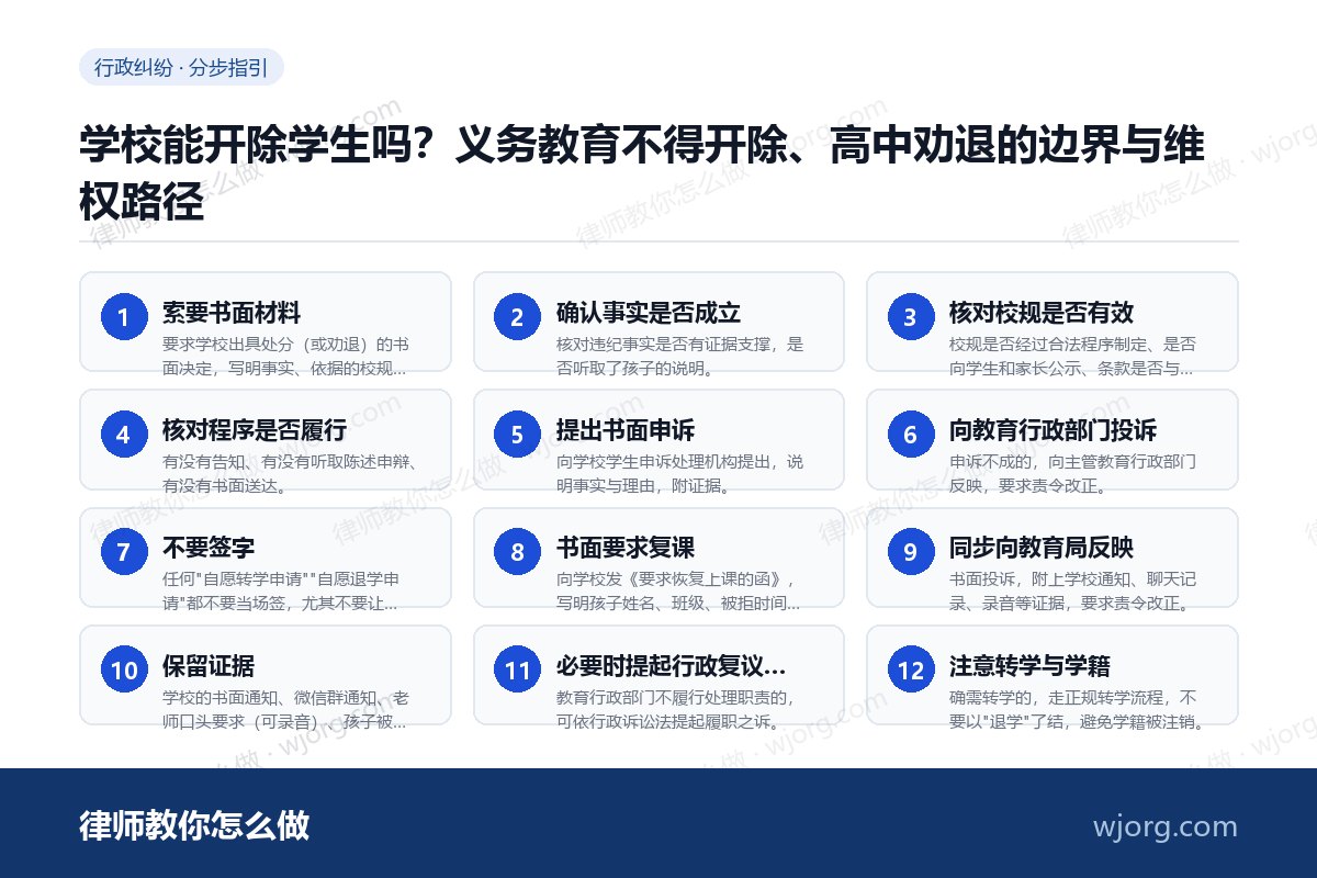 学校能开除学生吗?义务教育不得开除、高中劝退的边界与维权路径 学校能开除学生吗:12 步办理流程示意图