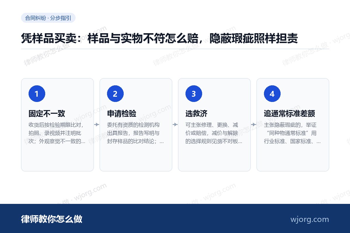 凭样品买卖:样品与实物不符怎么赔,隐蔽瑕疵照样担责 凭样品买卖:样品与实物不符怎么赔:4 步办理流程示意图