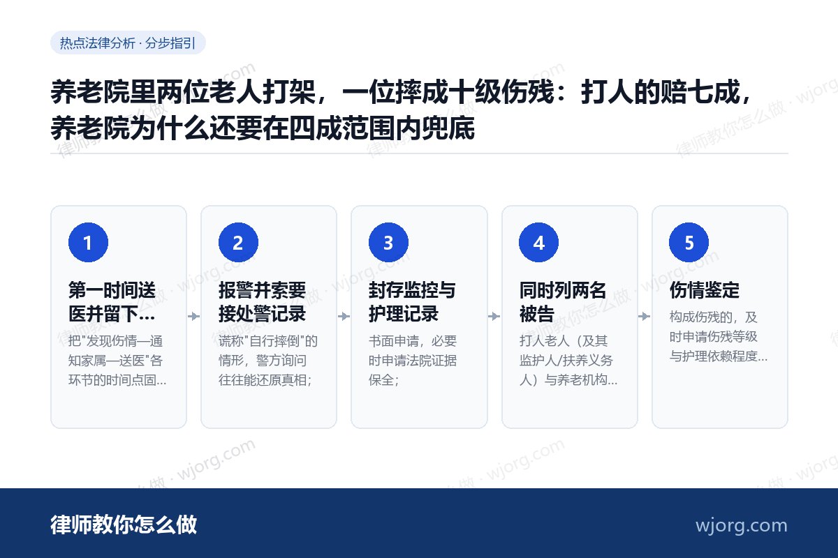 养老院里两位老人打架,一位摔成十级伤残:打人的赔七成,养老院为什么还要在四成范围内兜底 养老院里两位老人打架,一位摔成十:5 步办理流程示意图