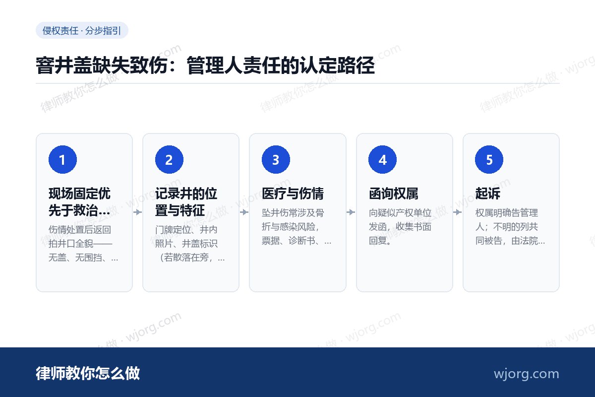 窨井盖缺失致伤:管理人责任的认定路径 窨井盖缺失致伤:管理人责任的认定:5 步办理流程示意图