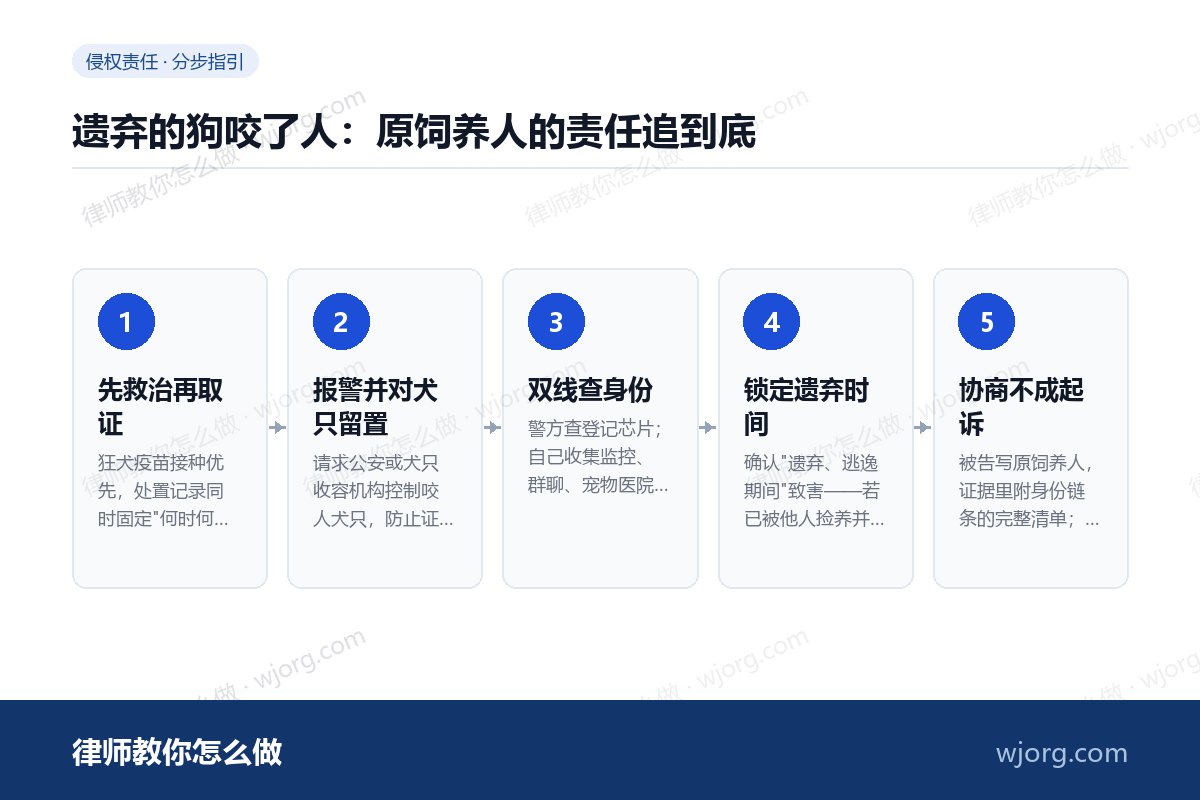 遗弃的狗咬了人:原饲养人的责任追到底 遗弃的狗咬了人:原饲养人的责任追:5 步办理流程示意图