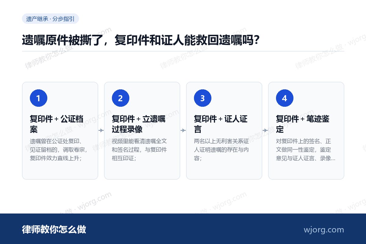 遗嘱原件被撕了,复印件和证人能救回遗嘱吗? 遗嘱原件被撕了,复印件和证人能救:4 步办理流程示意图