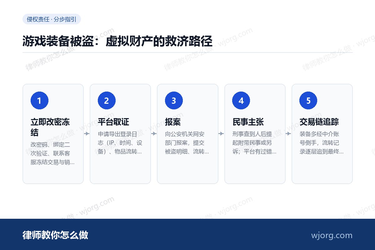游戏装备被盗:虚拟财产的救济路径 游戏装备被盗:虚拟财产的救济路径:5 步办理流程示意图