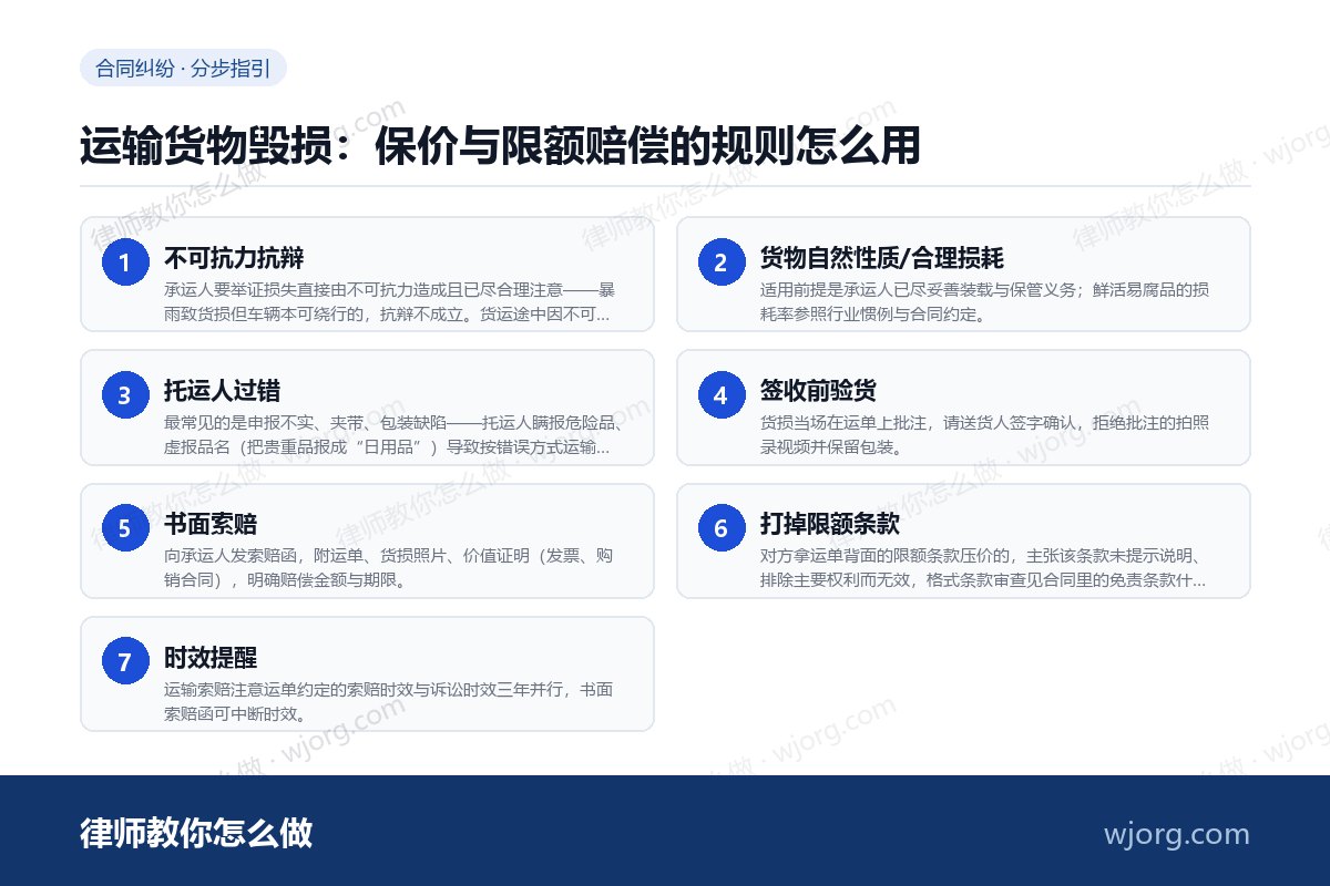 运输货物毁损:保价与限额赔偿的规则怎么用 运输货物毁损:保价与限额赔偿的规:7 步办理流程示意图
