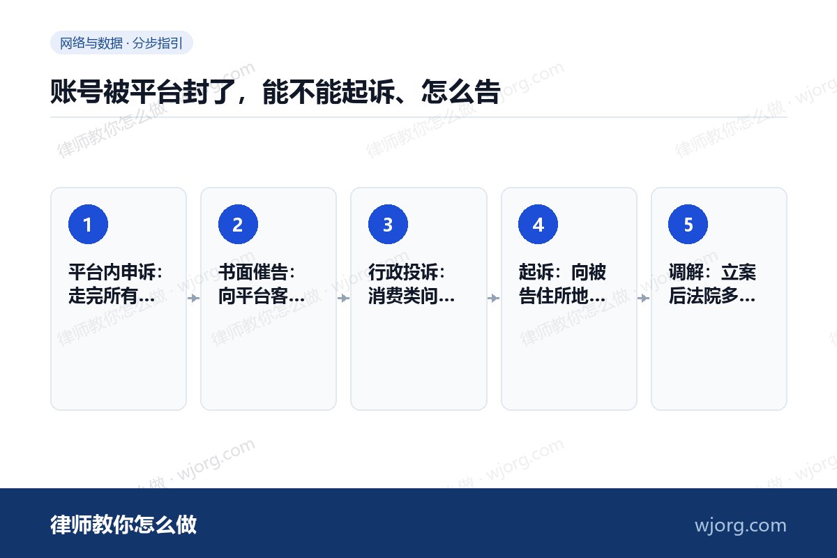 账号被平台封了，能不能起诉、怎么：5 步办理流程示意图