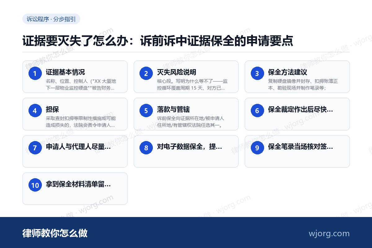 证据要灭失了怎么办:诉前诉中证据保全的申请要点 证据要灭失了怎么办:诉前诉中证据:10 步办理流程示意图