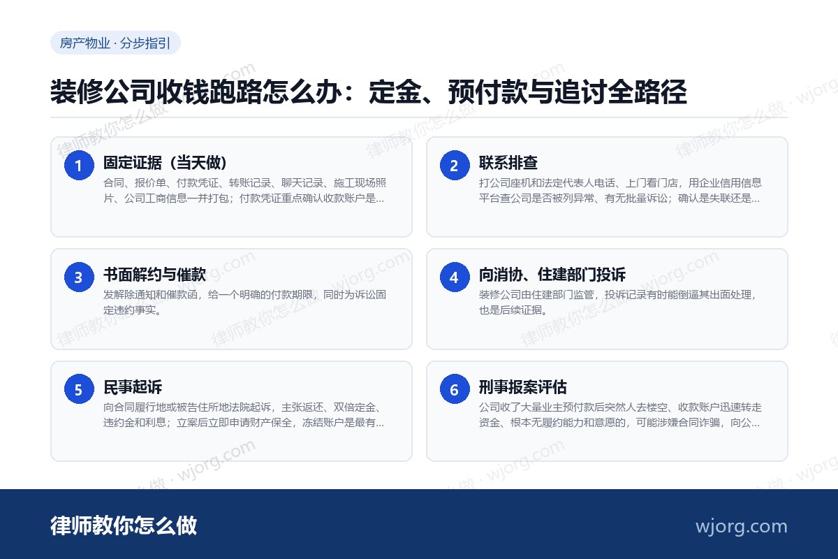 装修公司收钱跑路怎么办:定金、预付款与追讨全路径 装修公司收钱跑路怎么办:定金、预:6 步办理流程示意图