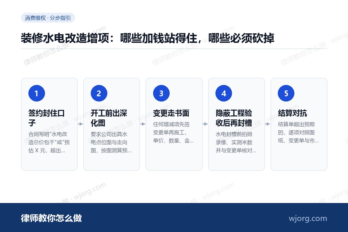 装修水电改造增项：哪些加钱站得住：5 步办理流程示意图