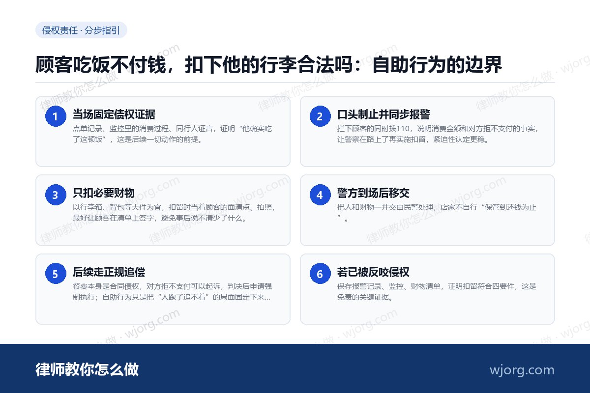 顾客吃饭不付钱,扣下他的行李合法吗:自助行为的边界 顾客吃饭不付钱,扣下他的行李合法:6 步办理流程示意图
